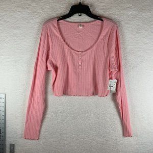 BP. Women's Long Sleeve Plus Size Henley Crop Top Size 1X Pink Candy‎ NWT 6459